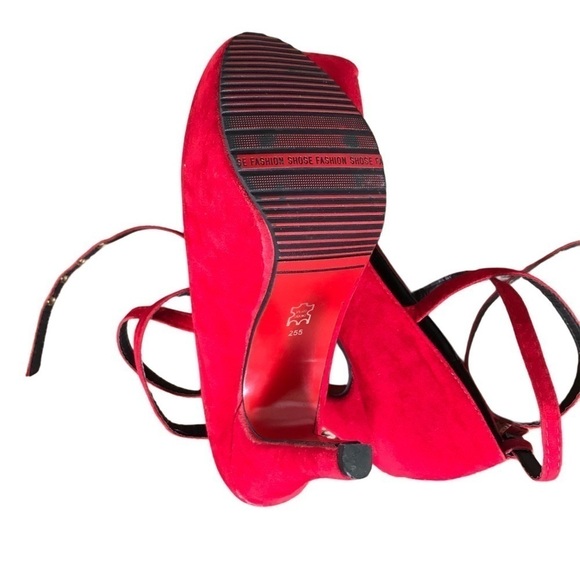 Red velvet platform heels sz 8.5 ankle Strappy stiletto Sexy MWOT valentines day - Picture 11 of 14